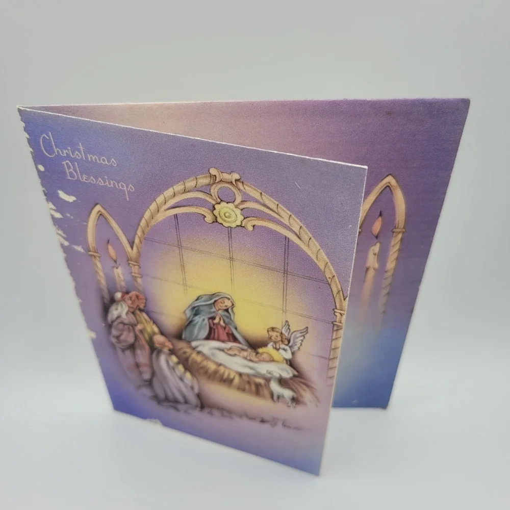 Vintage Christmas Card Nativity Scene Blessings‎ Forget Me Not P 5895 A